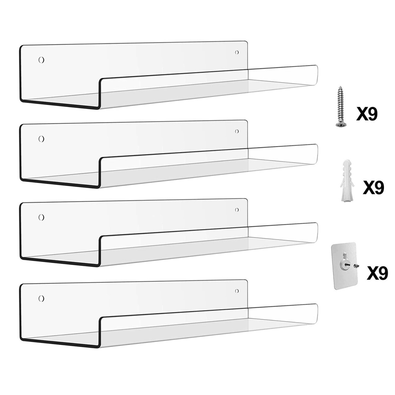 4 Pack 15In Clear Acrylic Floating Shelves Bookshelves With 2 Mounting Ways Wall Mounted Organizer For Kitchen Bathroom